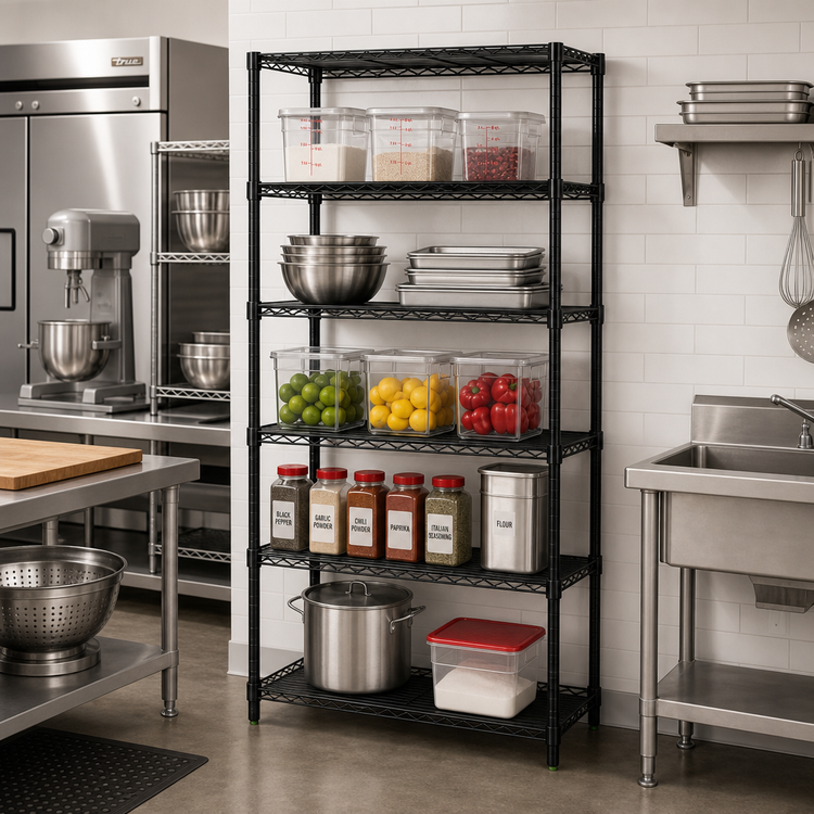 Product image #2 for Quantum 42-Inch W x 12-Inch D x 54-Inch H Wire Shelving Starter Kit, 5 Shelves, Black Epoxy Antimicrobial Finish