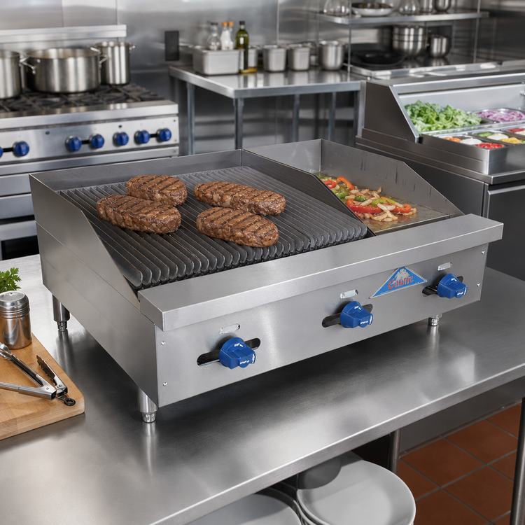 Product image #2 for 36-Inch Countertop Gas Char-Broiler/Griddle Combination with 12-Inch Griddle and 24-Inch Radiant Broiler