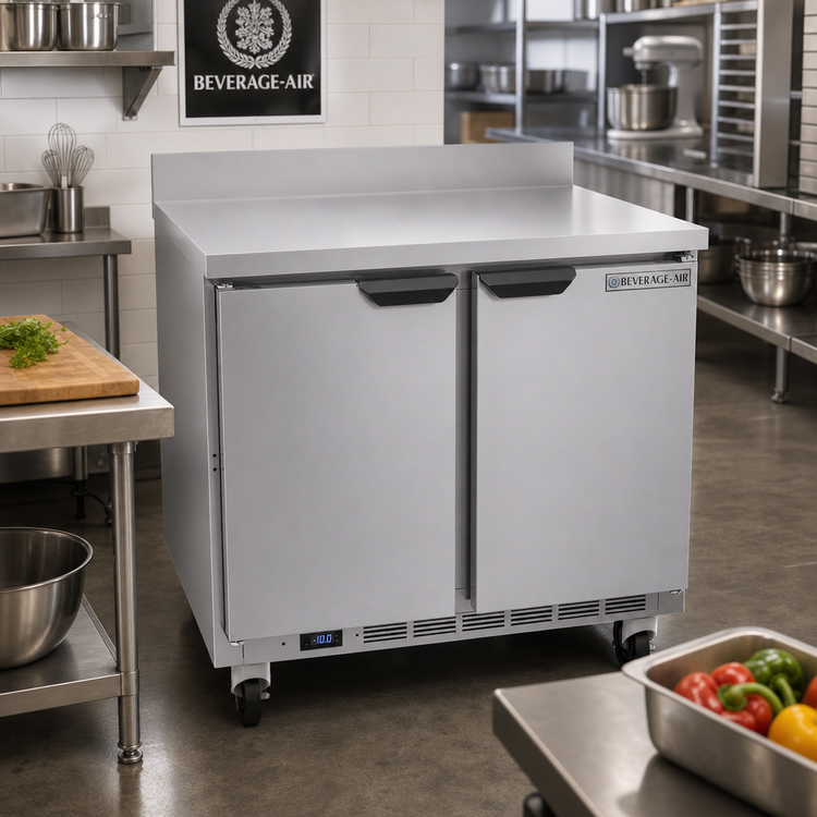 Product image #2 for Beverage-Air 36-Inch Two-Section Worktop Freezer with Solid Doors and Rear-Mounted Self-Contained Refrigeration
