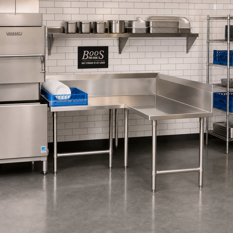Product image #2 for John Boos Pro-Bowl L-Shaped Island Clean Dishtable, 60" Machine-to-Corner x 120" Corner-to-End, 44" H, Right-to-Left Operation