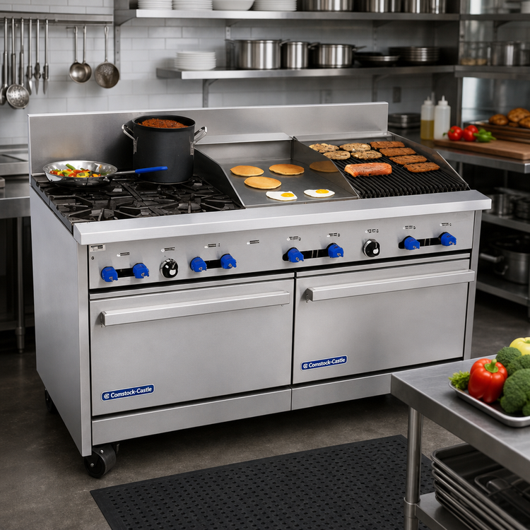 Product image #2 for Comstock-Castle F3226-18-1.5RB 60-Inch Commercial Gas Range with 4 Star Burners, 18-Inch Griddle, 18-Inch Char-Broiler, and 2 Ovens
