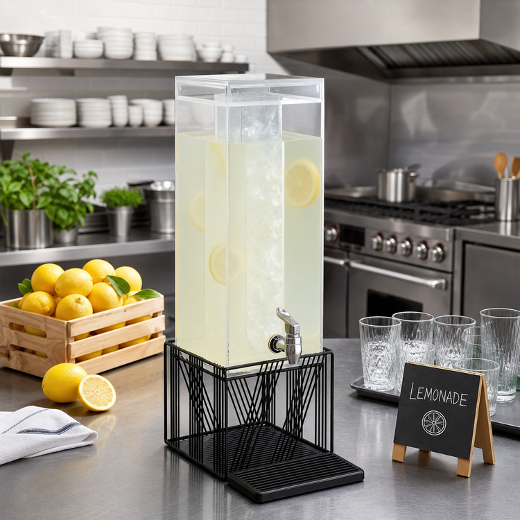 Product image #2 for Portland 3 Gallon Square Acrylic Beverage Dispenser with Ice Chamber, Drip Tray and Spigot, Black