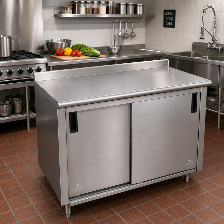 Product image #2 for Advance Tabco 48" x 36" Enclosed Work Table with Cabinet Base, Sliding Doors, 14-Gauge 304 Stainless Steel Top and 1-1/2" Rear Up-Turn