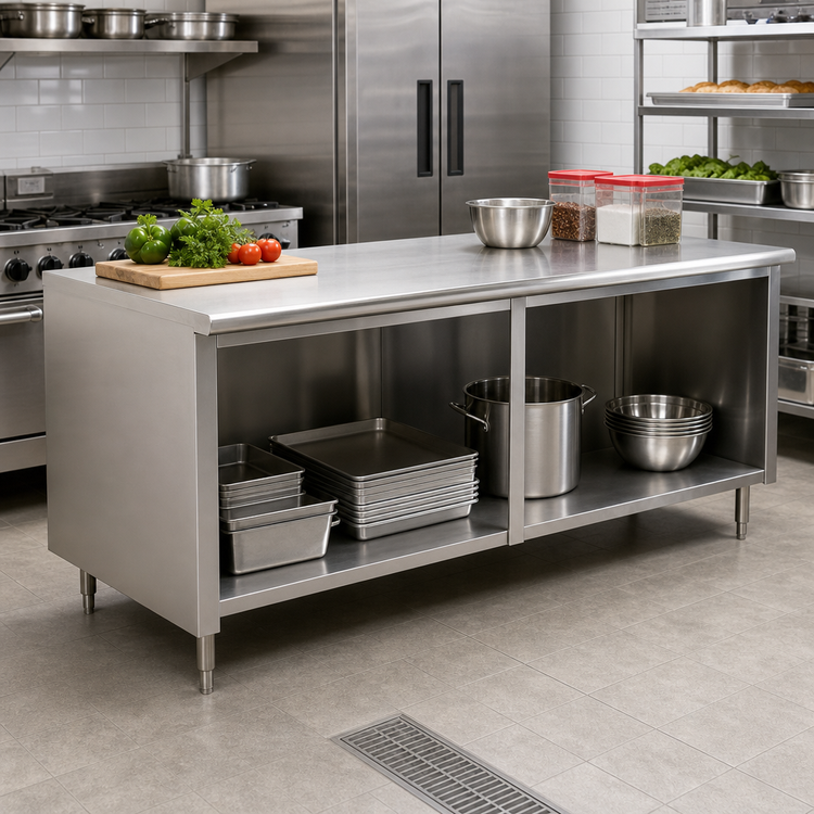 Product image #2 for Advance Tabco Special Value Economy Flat Top Open Base Work Table, 96W x 30D, 16-Gauge 304 Stainless Steel