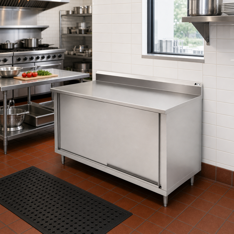 Product image #2 for John Boos 60 Inch x 24 Inch Stainless Steel Enclosed Work Table with Sliding Doors and 5 Inch Backsplash