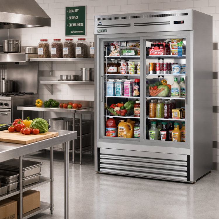 Product image #2 for Everest Refrigeration Two-Section Reach-In Glass Door Merchandiser Refrigerator with Sliding Doors, 48 Cu. Ft., Stainless Steel