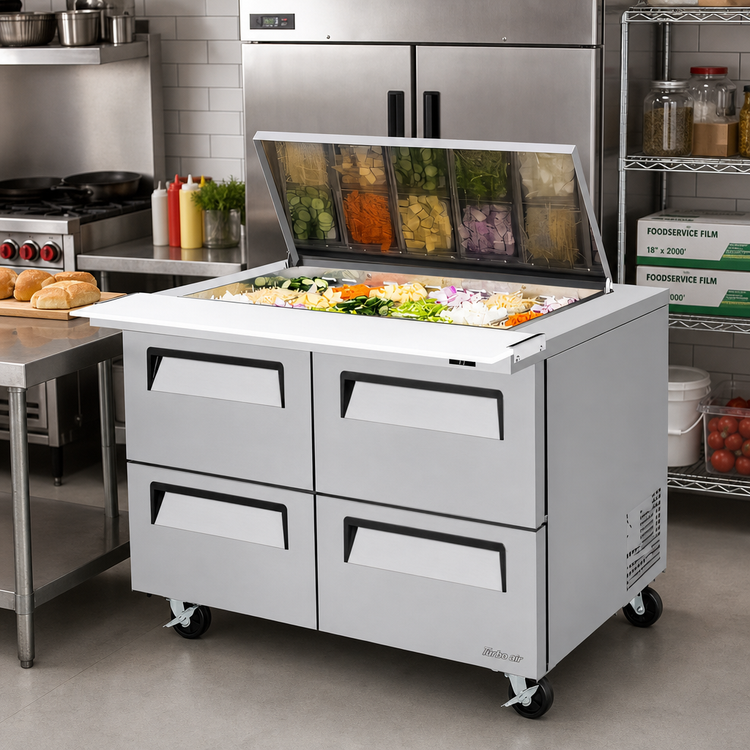Product image #2 for Turbo Air Super Deluxe 48-1/4-Inch Wide Two-Section Mega Top Sandwich/Salad Prep Table with Flat Lid, 18-Pan Opening, and 4 Drawers