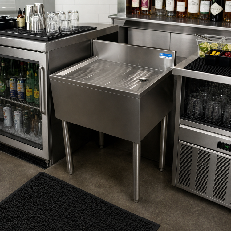 Product image #3 for BK Resources 12-Inch Wide Freestanding Stainless Steel Underbar Drain Board with Included Drain