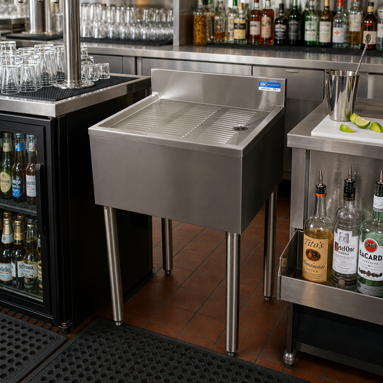 Product image #3 for BK Resources 12-Inch Wide Freestanding Stainless Steel Underbar Drain Board with Included Drain