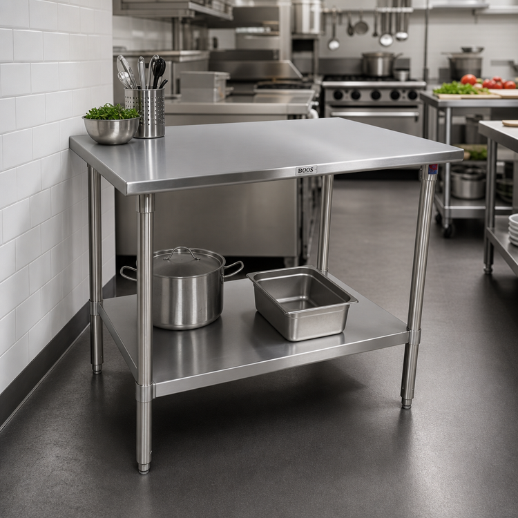 Product image #2 for John Boos Stallion 30 Inch x 30 Inch 16-Gauge Stainless Steel Corner Work Table with Adjustable Undershelf