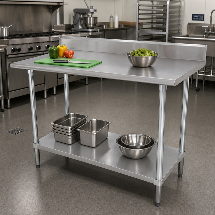 Product image #2 for Advance Tabco Special Value 84-Inch x 30-Inch Heavy Duty 304 Stainless Steel Work Table with 5-Inch Backsplash and Adjustable Undershelf