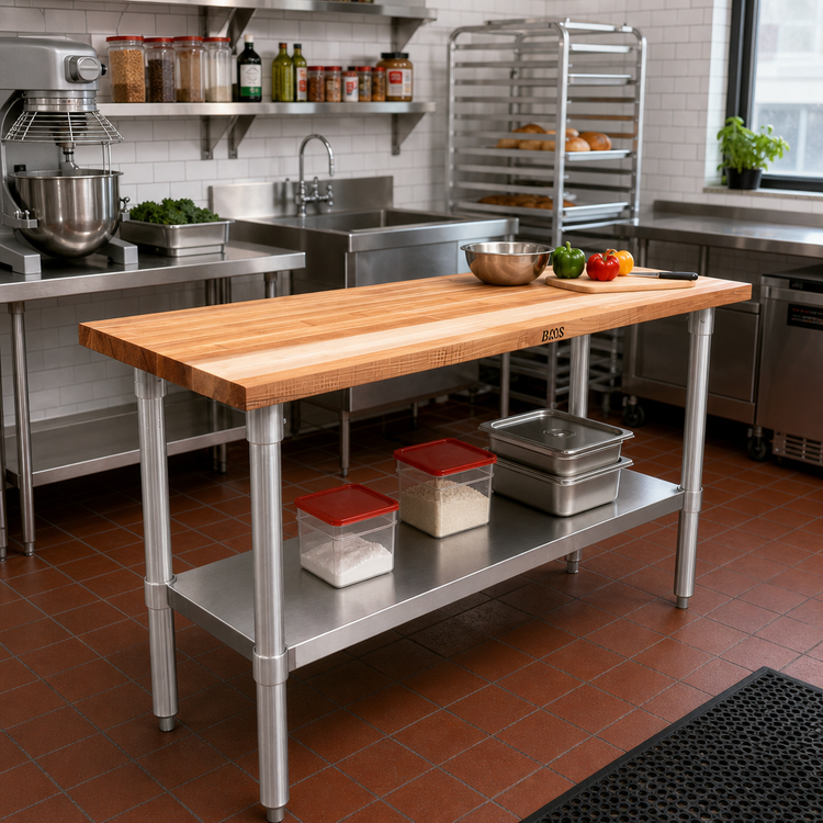 Product image #2 for John Boos SNS1860 Wood Top Work Table, 60 x 18 Inches, Edge Grain Northern Hard Rock Maple, Stainless Steel Legs, Adjustable Undershelf
