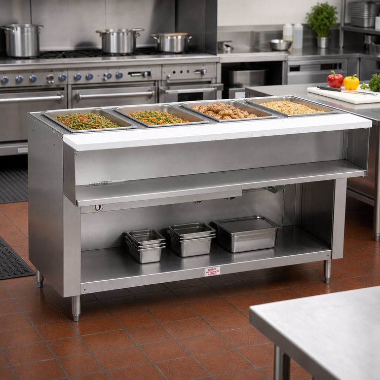 Product image #2 for Advance Tabco Triumph Supreme 4-Well LP Gas Water Bath Hot Food Table with Cutting Board and Open Undershelf