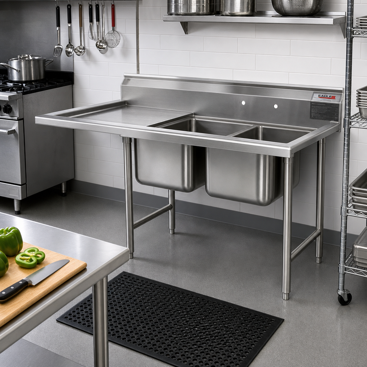 Product image #2 for Eagle Group 414 Series Two-Compartment Sink with Left Drainboard, 72-3/4" W x 31-3/4" D