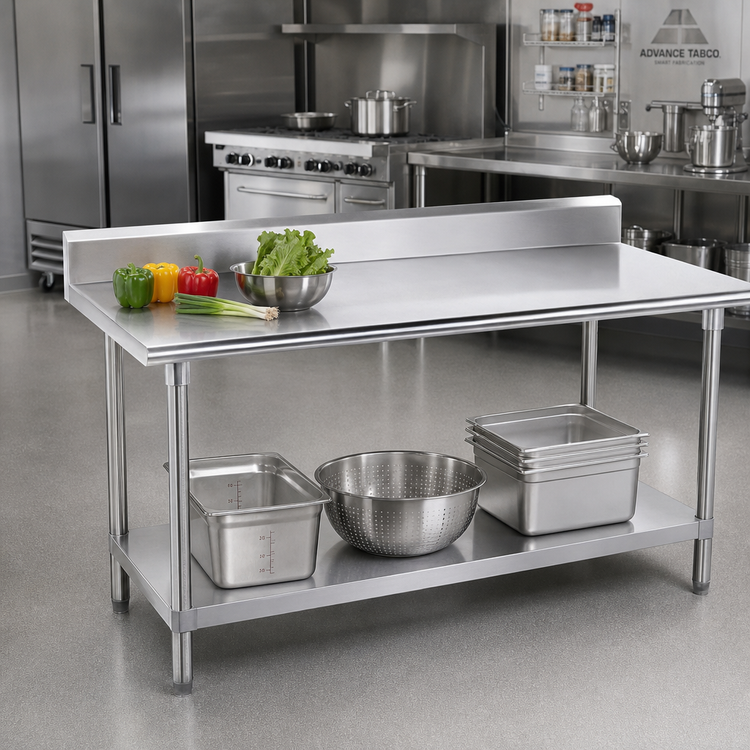 Product image #2 for Advance Tabco 72-Inch x 36-Inch Stainless Steel Work Table with 5-Inch Backsplash and Adjustable Undershelf