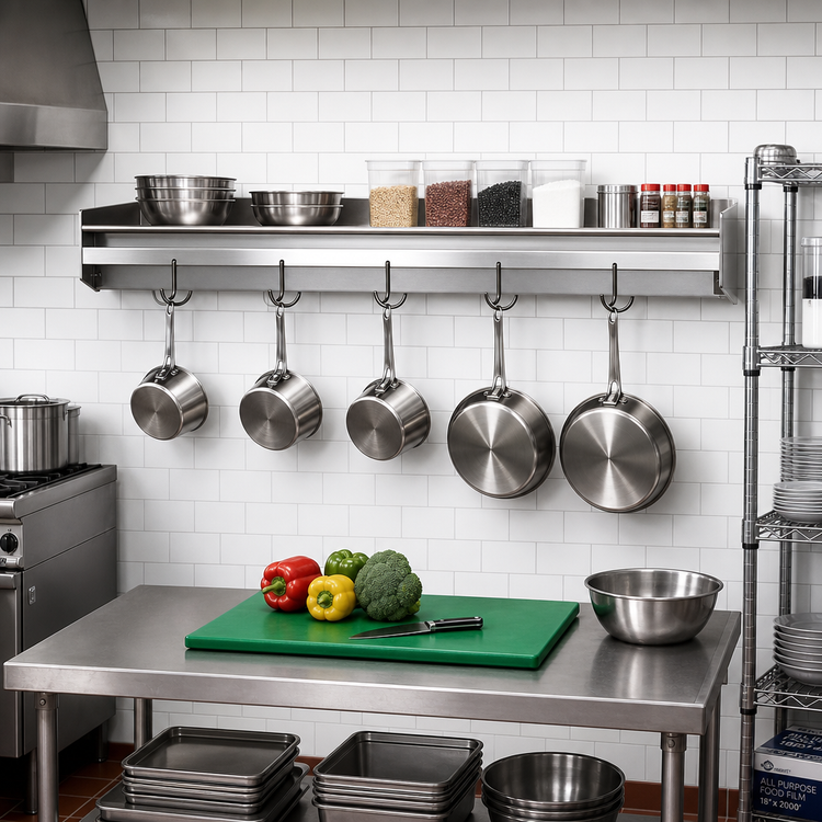 Product image #2 for Eagle Group Wall-Mounted Stainless Steel Pot Rack Shelf with 6 Hooks, 72 Inch W x 15 Inch D