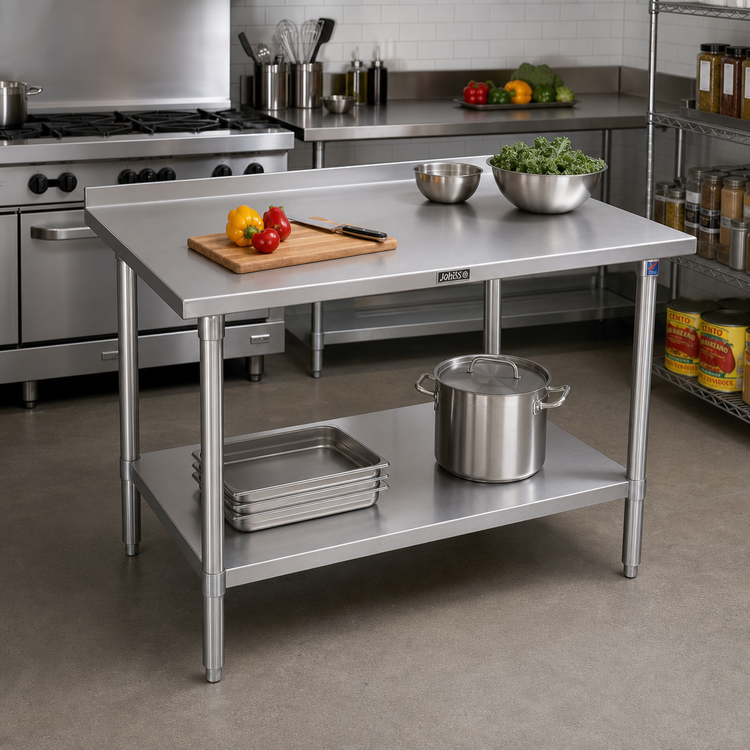 Product image #2 for John Boos Stallion Stainless Steel Work Table, 48-Inch x 24-Inch, 14-Gauge 300 Series Top with 1-1/2-Inch Rear Up-Turn and Undershelf