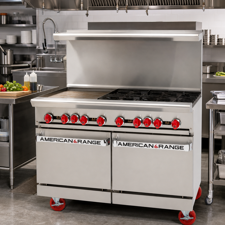 Product image #2 for American Range 48-Inch Gas Restaurant Range with Left 24-Inch Griddle, 4 Open Burners, and Two Storage Bases