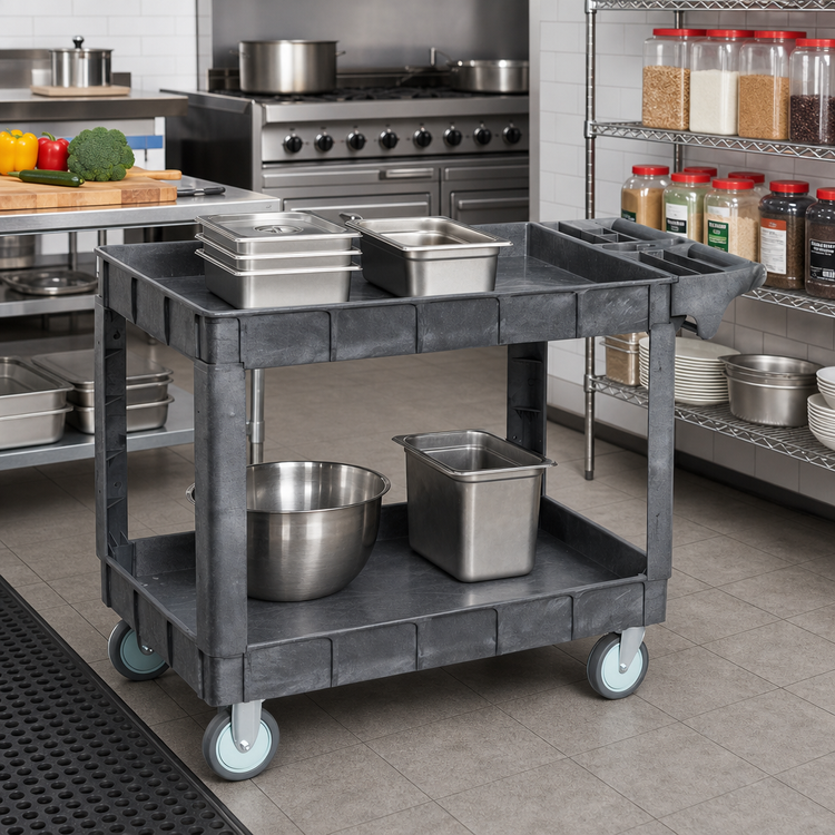 Product image #2 for Omcan Heavy-Duty Polypropylene 2-Shelf Utility Bus Cart with Extended Handle, Gray