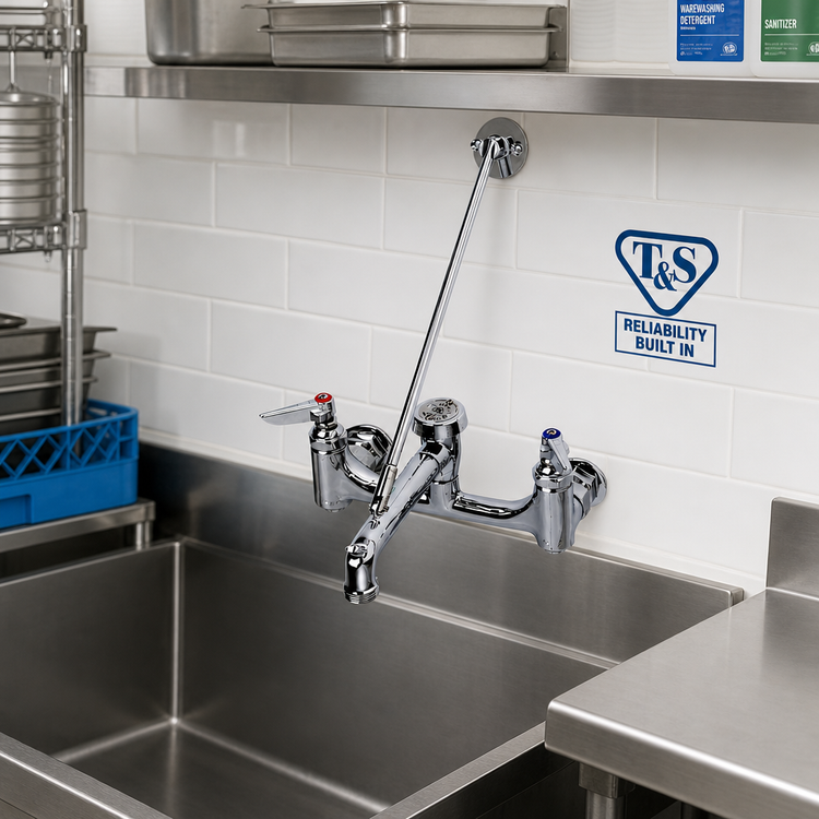 Product image #2 for T&S Brass 8-Inch Wall-Mount Low-Lead Service Sink Faucet with Lever Handles, Vacuum Breaker, and Built-In Stops