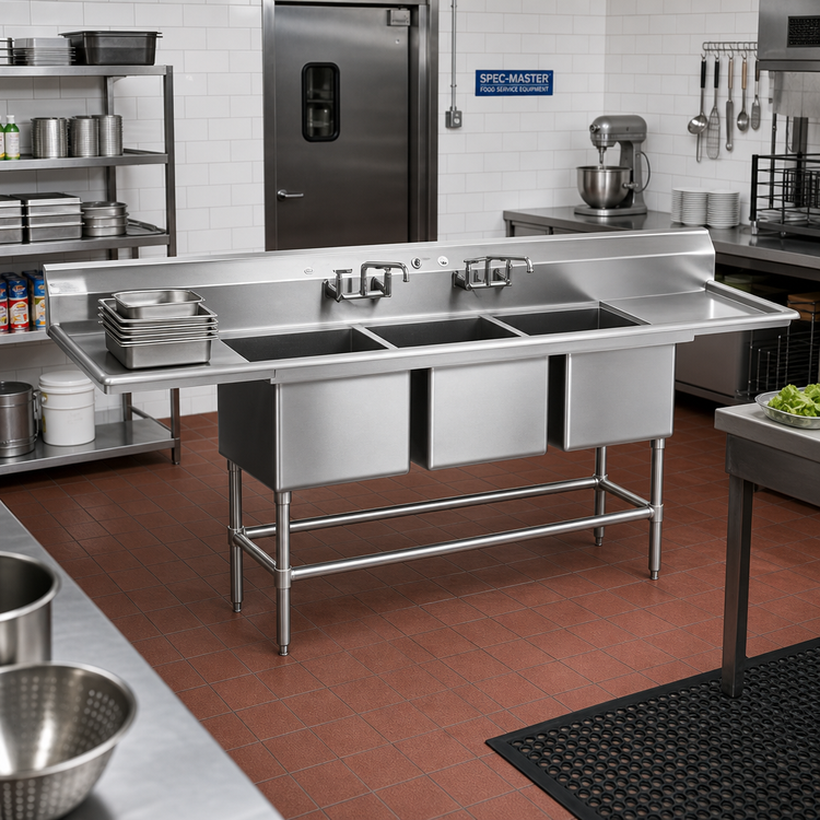 Product image #2 for Spec-Master FN Series 3-Compartment Commercial Sink with Dual 36-Inch Drainboards