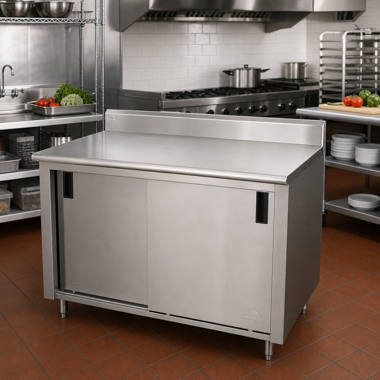 Product image #2 for Advance Tabco Enclosed Work Table with Cabinet Base and Sliding Doors, 48 x 36 Inches, 14-Gauge 304 Stainless Steel Top, 5-Inch Backsplash