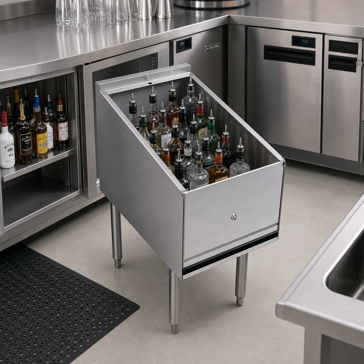 Product image #2 for Krowne Royal Series Freestanding Stainless Steel Underbar Liquor Bottle Display Unit with Removable Locking Cover, 20-Bottle Capacity