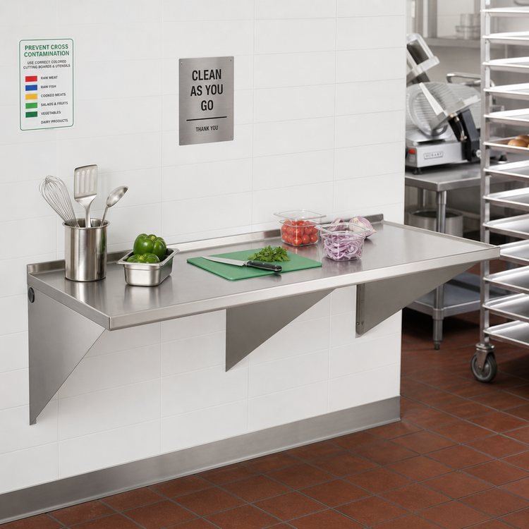 Product image #2 for Wall-Mount 16-Gauge 304 Stainless Steel Work Table with Rolled Edge Top, 48 x 30 Inches