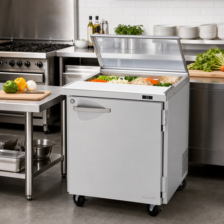 Product image #2 for Turbo Air PRO Series 28-Inch One-Section Sandwich/Salad Prep Table with Glass Lid, Rear-Mount Self-Contained Refrigeration, 8 Pans, 1 Door