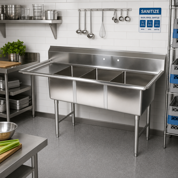 Product image #2 for John Boos E-Series 3-Compartment Sink with Left Drainboard, 62-1/2 Inch W x 20-1/2 Inch D x 43-3/4 Inch H