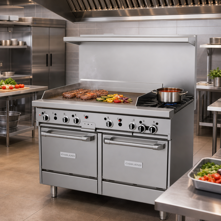 Product image #2 for Garland GFE Starfire Pro 48-Inch Gas Restaurant Range with 2 Open Burners, 36-Inch Thermostatic Griddle and 2 Space Saver Ovens