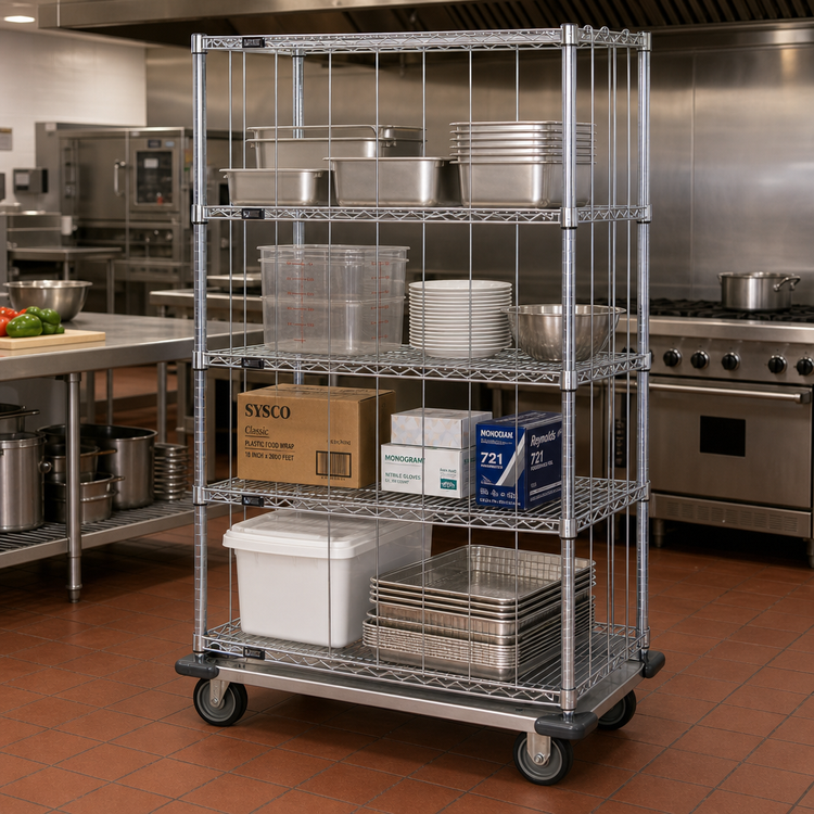 Product image #2 for Quantum Mobile Enclosure Cart with 4 Wire Shelves, Chrome Plated Finish, 60 x 24 x 70 Inches