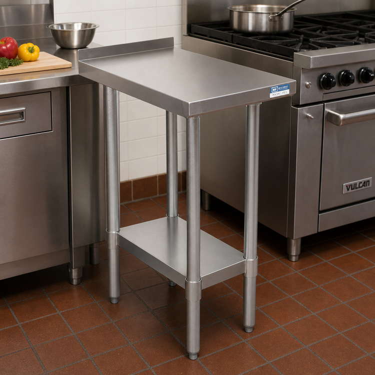Product image #2 for BK Resources 15-Inch x 30-Inch Stainless Steel Filler Table with 1-1/2-Inch Rear Riser and Adjustable Undershelf