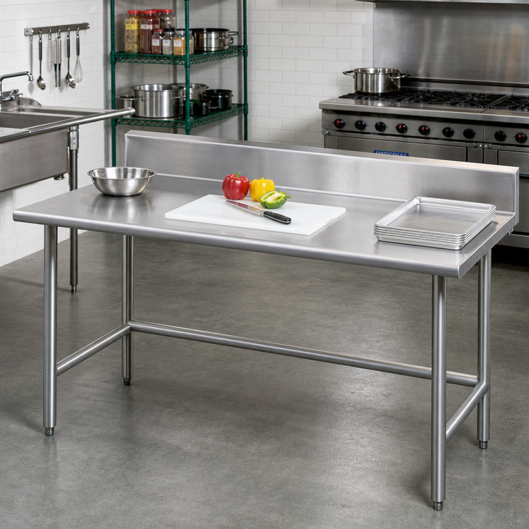 Product image #2 for Advance Tabco 84" x 36" 14-Gauge 304 Stainless Steel Work Table with 5" Backsplash and Galvanized Open Base