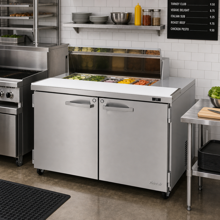 Product image #3 for Turbo Air PRO Series 48-1/4 Inch Two-Section Sandwich/Salad Prep Table Work Station, 15 Cu. Ft., 8-Pan, Rear-Mounted Self-Contained Compressor