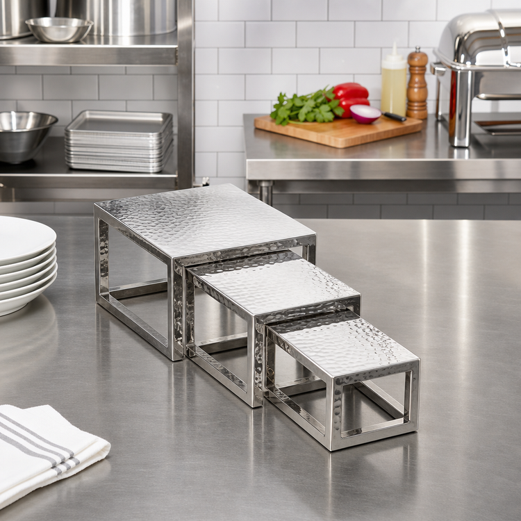 Product image #2 for American Metalcraft Hammered Stainless Steel Square Solid Frame Riser Set, 3-Piece