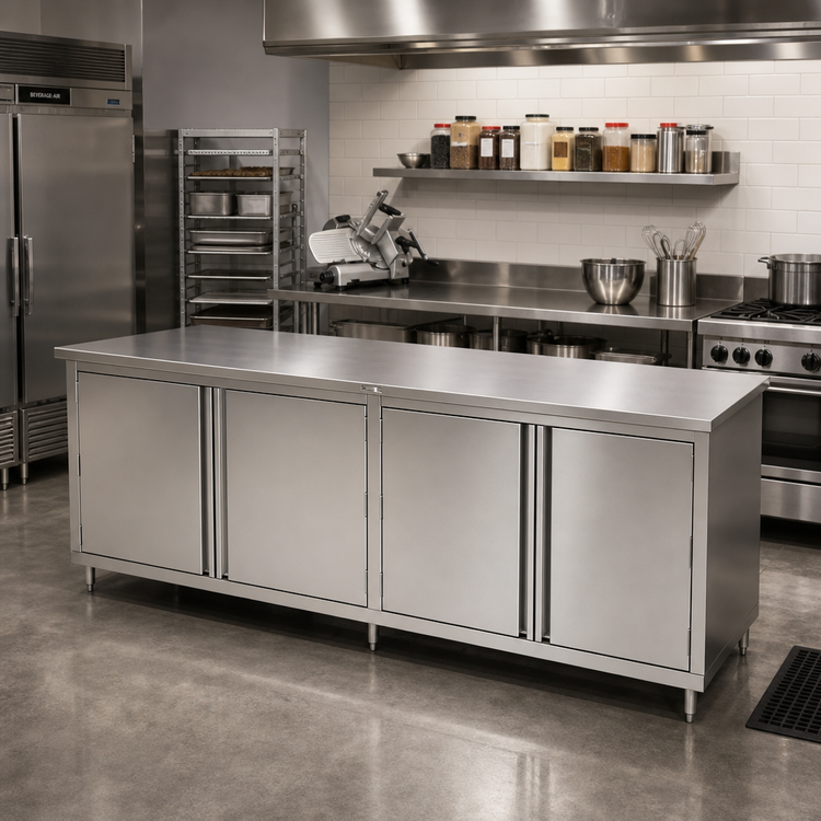 Product image #2 for John Boos 96" x 30" 14-Gauge 300 Series Stainless Steel Flat Top Enclosed Work Table with Cabinet Base and Hinged Doors