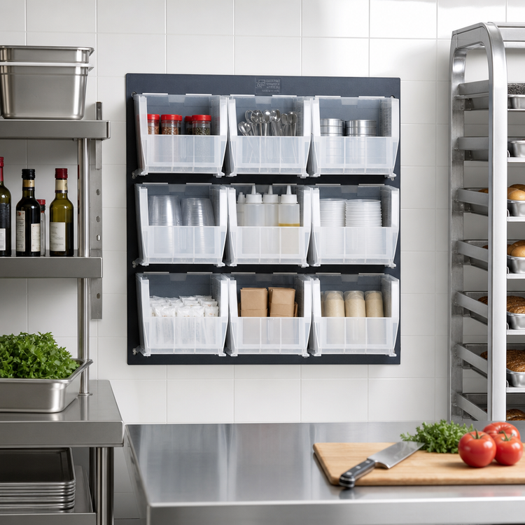 Product image #2 for Quantum Wall-Mounted Louvered Storage Panel Starter Unit with 9 Clear Bins, 18 x 19 in.