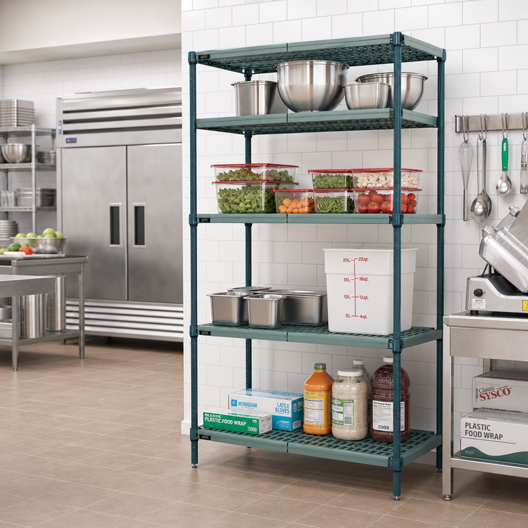 Product image #2 for Quantum Wire Plastic Mat Stationary Shelving Unit, 4-Tier, 48W x 21D x 86H, Green Epoxy Antimicrobial