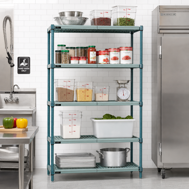 Product image #2 for Quantum 5-Tier Stationary Wire Plastic Mat Shelving Unit, 54W x 21D x 63H, Green Epoxy Antimicrobial Coated