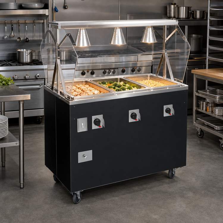 Product image #2 for Vollrath 2-Series Affordable Portable Deluxe 3-Well Mobile Hot Food Station with Illuminated Breath Guard and Enclosed Base