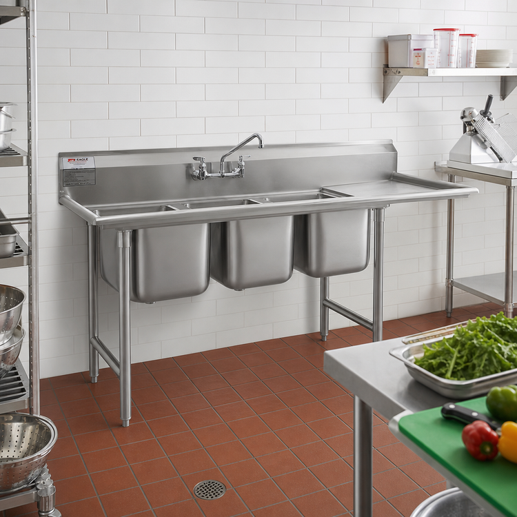 Product image #2 for Eagle Group 414 Series Three-Compartment Coved Corner Sink with Right-Hand 24-Inch Drainboard