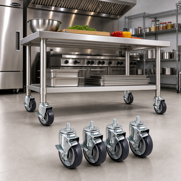 Product image #2 for Krowne Royal Series Heavy Duty 5-Inch Threaded Stem Caster Set with Brakes, 5/8"-11 Stem, 500 lb. Capacity Each