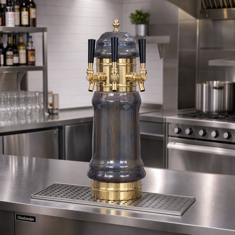 Product image #2 for Glastender Rembrandt 3-Faucet Air-Cooled Draft Dispensing Tower with Surface-Mount Drain Pan, Mirror Finish