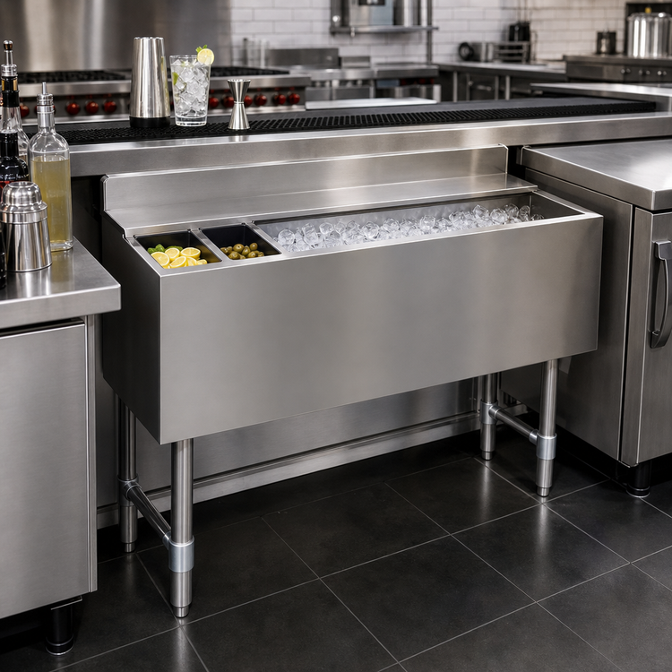 Product image #2 for 48-Inch Underbar Ice Bin with 12-Inch Deep Insulated Bin, Sliding Lid, and 7-Circuit Cold Plate