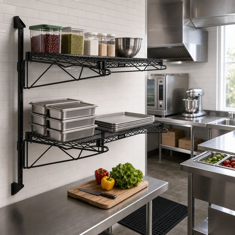 Product image #2 for Quantum Cantilever Double Shelf Wall-Mount Wire Shelving Unit, 36 x 21 Inch Shelves, Black Epoxy Antimicrobial Finish