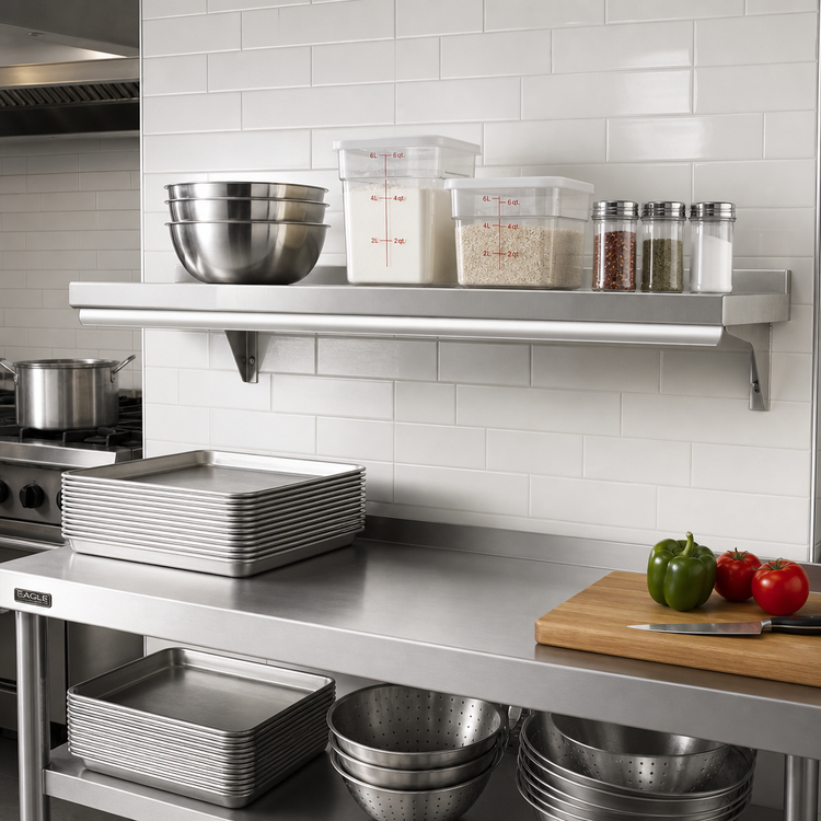 Product image #2 for Eagle Group Snap-n-Slide 36-Inch W x 12-Inch D Wall Shelf, Rolled Front Edge, 16/430 Stainless Steel