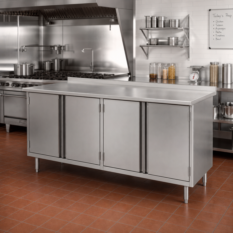 Product image #2 for Eagle Group Spec-Master Enclosed Work Table with Cabinet Base, 84 x 30 Inches, 14-Gauge 304 Stainless Steel Top, 4 Hinged Doors, 1-1/2 Inch Rear Up-Turn
