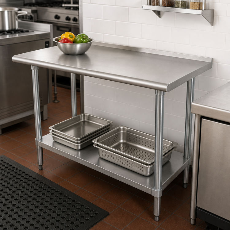 Product image #2 for Advance Tabco 30" x 30" Corner Stainless Steel Work Table with Adjustable Undershelf and 1-1/2" Rear Up-Turn