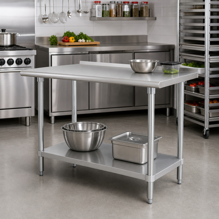 Product image #2 for Advance Tabco 30" x 30" Corner Stainless Steel Work Table with Adjustable Undershelf and 1-1/2" Rear Up-Turn